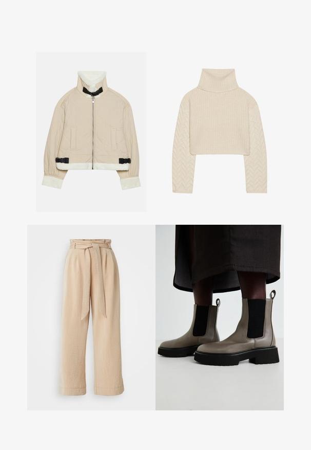 Steppelt bézs kabát puha, fehér bolyhos gallérral és mandzsettákkal, elülső zipzárral és fekete csatt díszítéssel. Két elülső zseb található.; Tejkrémszínű, rövid fazonú pulóver magas nyakkivágással, struktúrált kötött testtel és halszálka mintázatú ujjal. Puha fonalból készült.; Beige, bőszárú nadrág övvel, textúrált anyagból készült. Elöl redő található, az alsó szél sima kivitelű.; Szürke bokacsizmák texturált bőrből, elasztikus oldalpanellel és vastag fekete talppal. Könnyű felvételt biztosító húzófülek találhatók rajtuk.