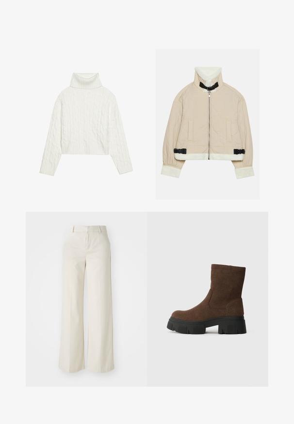 Vata rokav z bež barvo, z mehkimi belimi flis rokavi in ovratnikom, z zadrgo spredaj in črnimi zaponkami. Vključena sta tudi dva sprednja žepa.; Bela jopica s kabelskim pletenjem in turtleneck ovratnikom, ki ima skrajšan kroj, z rebrastimi manšetami in robom. Mehka tekstura z udobnim, masivnim oblikovanjem.; Široke hlače v svetlo bež barvi, izdelane iz gladkega materiala. Imajo klasičen pas in ravno sprednjo stran z čistimi linijami.; Rjavi nubuk škornji do gležnjev s teksturirano površino, zaobljenim nosom in masivnim črnim gumijastim podplatom z vzorcem.