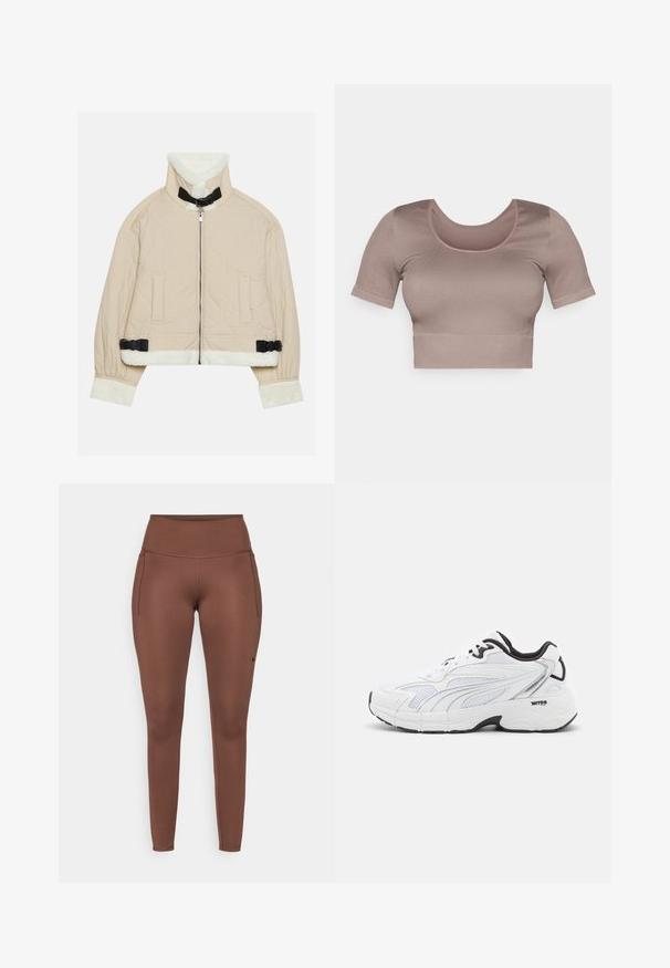 Jachetă bej matlasată cu un guler și manșete din fleece alb moale, prevăzută cu un fermoar frontal și accente negre cu cataramă. Include două buzunare frontale.; Top scurt mauve cu mâneci scurte, cu decolteu larg și material texturat cu nervuri. Design simplu, fără modele sau embellishments.; Leggings maro cu talie înaltă, cu o textură netedă, două buzunare laterale și un mic logo pe coapsa stângă.; Tenisii sport albi, cu un superior din plasă, accente negre, panouri texturate și o talpă cu amortizare pentru confort și suport.