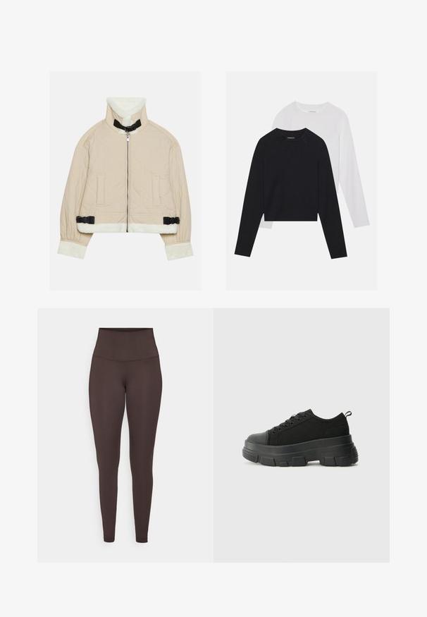 Quilted beige jacket with a soft, white fleece collar and cuffs, featuring a front zipper and black buckle accents. Two front pockets included.; Two long-sleeved shirts: one black and one white. Both feature a crew neck, raglan sleeves, and a soft cotton blend fabric.; Brown high-waisted leggings made from a stretchy, smooth material. Features a fitted design with no visible seams or patterns.; Black sneakers with a chunky rubber sole, textured fabric upper, round toe, and lace-up design. Features reinforced eyelets and back pull tab.