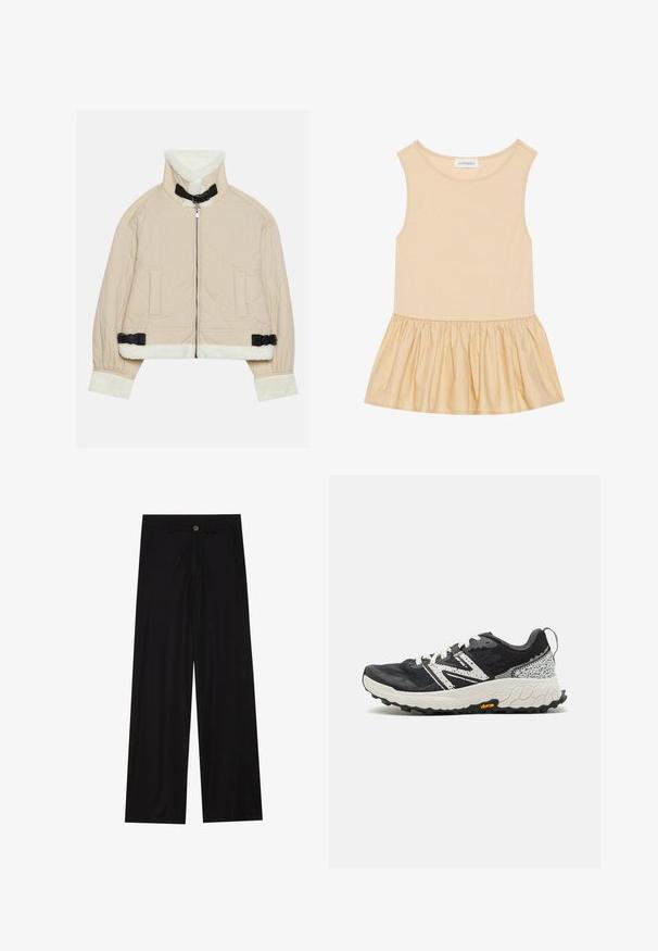 Vatteret beige jakke med en blød, hvid fleecekrave og manchetter, med en lynlås foran og sorte spændeaccentuer. To forlommer inkluderet.; Ärmløs top med en tætsiddende ribbet overdel i lys beige og en flagrende, skinnende, samlet nederdel i en matchende nuance.; Bredde ben sorte bukser lavet af et glat stof, med forlommer og knaplukning i taljen. Minimalistisk design uden mønstre.; New Balance FRESH FOAM X HIERRO V8 - Løbesko trail - blacktop