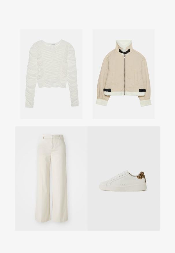 Beige gewatteerde jas met een zachte, witte fleece kraag en manchetten, voorzien van een rits aan de voorkant en zwarte gespaccenten. Inclusief twee voorzakken.; Wit top met lange mouwen, voorzien van geplooide stofdetails, ronde halslijn en een getailleerd ontwerp. Zacht, textuur materiaal met ruches langs de mouwen.; Brede broek in een lichte beige kleur, gemaakt van een gladde stof. Kenmerkt zich door een klassieke tailleband en een vlakke voorkant met strakke lijnen.; Witte leren sneaker met ronde neus, platte zool en vetersluiting aan de voorkant. Heeft een luipaardprintaccent op de hiel. Soepele textuur.