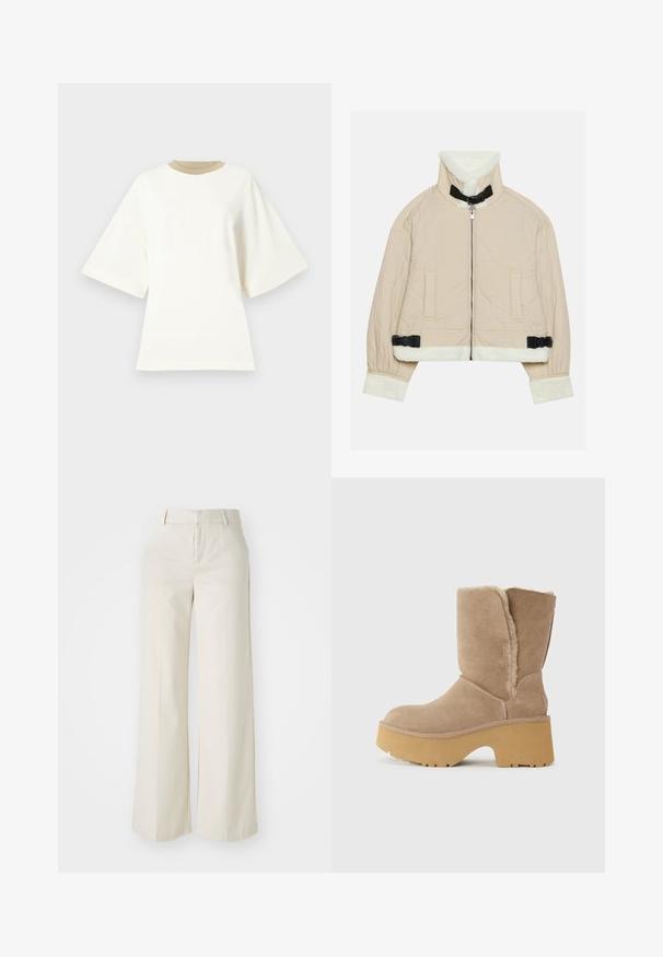 Beżowa kurtka pikowana z miękkim, białym kołnierzem i mankietami z polaru, z zamkiem błyskawicznym z przodu i czarnymi akcentami w postaci klamerek. Zawiera dwie przednie kieszenie.; Oversized biały bawełniany t-shirt z okrągłym, beżowym dekoltem i krótkimi rękawami, o gładkiej, miękkiej teksturze.; Spodnie o szerokich nogawkach w jasnobeżowym kolorze, wykonane z gładkiego materiału. Posiadają klasyczny pas i płaski przód z czystymi liniami.; Beżowe zamszowe botki do połowy łydki z grubą żółtą platformą, z miękką, teksturowaną podszewką i zaokrąglonym noskiem. Gładka powierzchnia zewnętrzna.