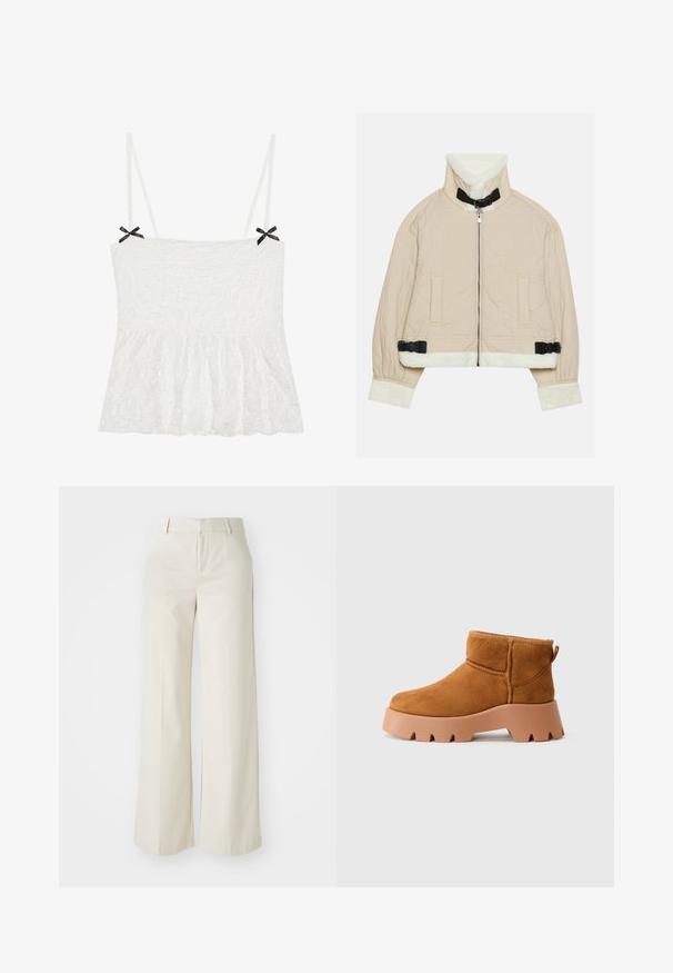 Quilted beige jacket with a soft, white fleece collar and cuffs, featuring a front zipper and black buckle accents. Two front pockets included.; White lace camisole with thin straps, featuring black bows on the shoulders and a flared hem for a feminine design.; Wide-leg trousers in a light beige color, made of a smooth fabric. Features a classic waistband and flat front with clean lines.; Tan suede ankle boots with a rounded toe, a textured brown sole, and a pull tab. Features a stitched seam and chunky platform design.