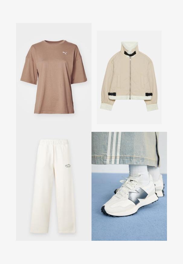 Paprasta kreminė striukė, papuošta minkštu baltu pūkuotu apykakle ir rankogaliais, su priekiniu užtrauktuku ir juodais sagtelių akcentais. Apatinėse pusėse yra dvi kišenės.; Rudas trumpas rankovėmis T-shirt, pagamintas iš minkštos medvilnės, su apvaliu kaklu ir mažuoju baltu Puma logotipu kairėje krūtinės srityje.; Kreminės plačios kojų kelnės, pagamintos iš minkštos medžiagos, su elastinga juosmens juosta. Priekyje yra subtilus žalias siuvinėjimas.; Baltos sportiniai bateliai su sidabriniu akcentu, tekstūruota medžiaga ir lygiu oda; turi juodą guminį padas ir raištelius.