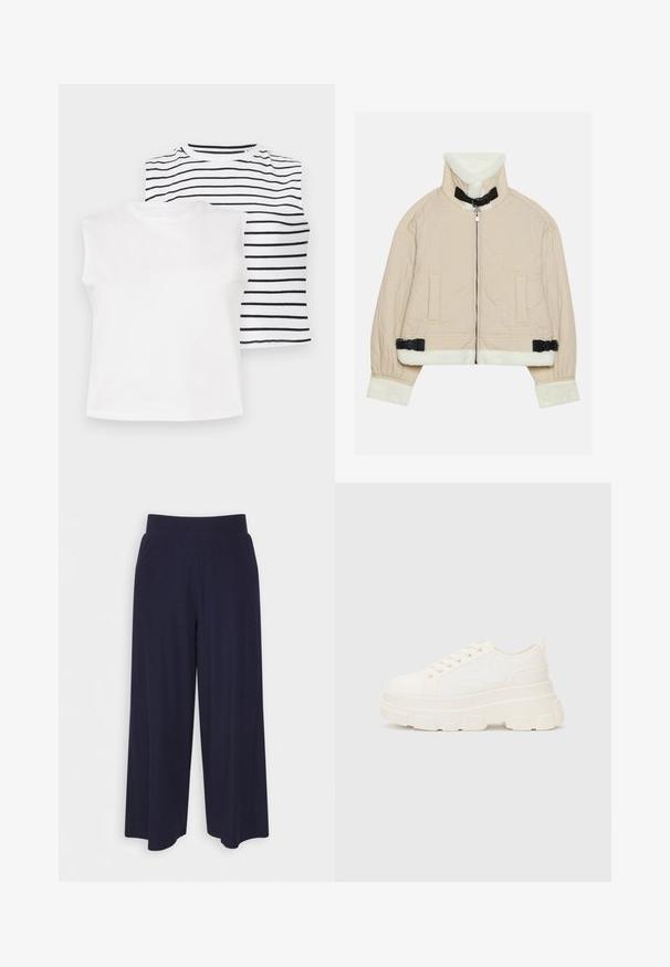 Casaco acolchoado bege com um colarinho e punhos de fleece branco suave, apresentando um fecho frontal e detalhes em fivela preta. Inclui dois bolsos frontais.; Duas blusas sem mangas: uma branca sólida, a outra com listras pretas horizontais sobre um fundo branco. Tecido macio, decote redondo.; Calças largas em tecido azul-marinho escuro com uma textura ribada. Apresenta uma cintura suave e uma silhueta fluida, atingindo o comprimento até metade da panturrilha.; Sapatilhas brancas em lona com sola espessa, biqueira arredondada e cinco ilhós para atacadores. Laço traseiro para calçar facilmente. Textura suave, design minimalista.