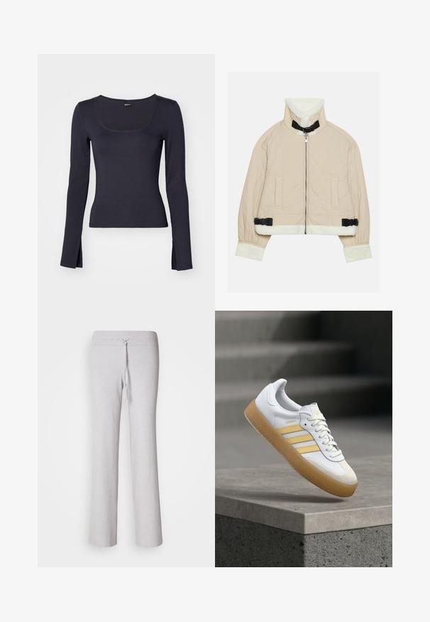 Gepatchte beige Jacke mit einem weichen, weißen Fleecekragen und -bündchen, ausgestattet mit einem Frontreißverschluss und schwarzen Schnallenakzenten. Zwei Fronttaschen sind enthalten.; Langärmliges Oberteil in Dunkelmarine, mit runder Ausschnittform, figurbetontem Schnitt, seitlichen Schlitzen am Saum und glattem, dehnbarem Stoff.; Helle graue, gerippte Loungehosen mit einem Kordelzugbund und weitem Bein. Glatte Textur, durchgehende Silhouette.; Weißer Ledersneaker mit gelben Akzenten, drei Streifen und einer Gummisohle in Karamellfarbe. Verfügt über eine abgerundete Spitze und eine strukturierte Zunge.