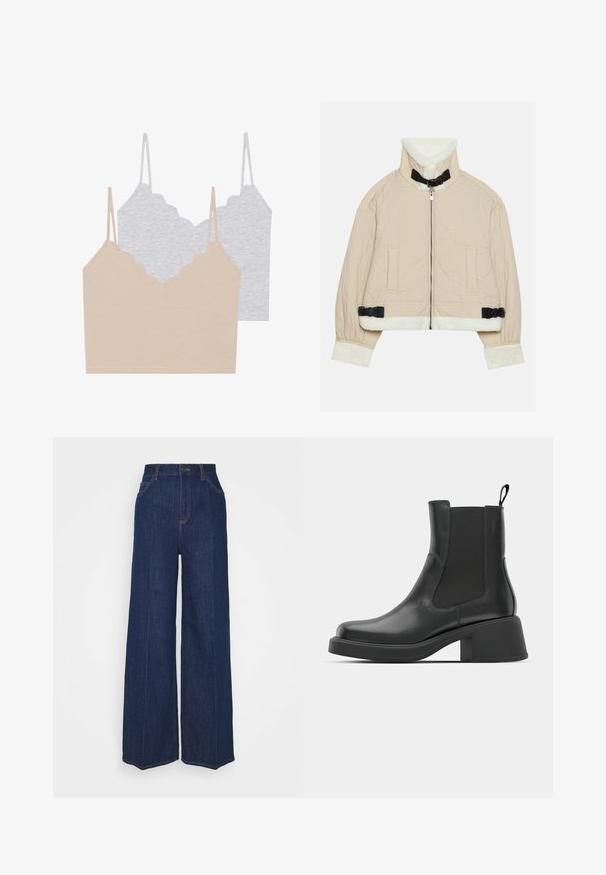 Pūkains beidzis mētelis ar mīkstu balto flīsa apkakli un aprocēm, ar priekšējo rāvējslēdzēju un melniem sprādzēm. Iekļautas divas priekšējās kabatas.; Divas kamzoli: viens bēšs un viens gaiši pelēks. Katram ir plānas siksniņas un viļņota kakla izgriezums, izgatavots no mīksta, elastīga auduma.; Augstas jostas līmeņa plaša kāju tumši zila džinsu bikses ar priekšējiem un aizmugurējiem kabatām, poga aizdare un redzami šuvju detaļas.; Melna ādas potītes zābaki ar elastīgām sānu daļām, noapaļota purngala forma un masīls blokveida papēdis. Gluda tekstūra un minimālisma dizains.