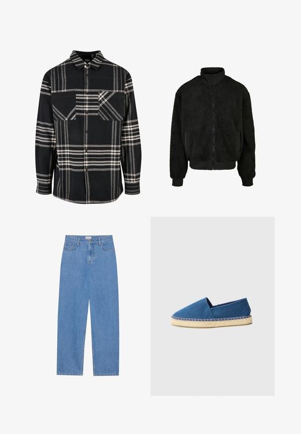 Mustan fleece-takkauksen korkealla kauluksella, vetoketjulla ja tekstuurilla, joka on pörröinen. Ominaisuuksiin kuuluvat ribattu hihansuut ja sivutaskut.; Mustavalkoinen ruudullinen flanellipaita, jossa on kaulus, nappikiinnitys ja kaksi etutaskua. Sisältää viistokuvioita ja teksturoitua kangasta.; Vaaleansiniset farkut suoranleikkauksella, viisi taskua, yksittäinen nappisulku ja huomaamattomat ompeluyksityiskohdat saumoissa.; Sininen kangaspohjallinen espadrilles suljetulla varpaalla, juuttipohjalla ja ommellulla reunalla. Sileä kangasmateriaali ja matala muotoilu.