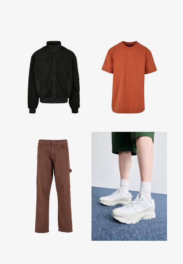 Chaqueta de forro polar negra con un cuello alto, cierre de cremallera y material texturizado y suave. Cuenta con puños de canalé y bolsillos laterales.; Camiseta de color óxido hecha de algodón, con mangas cortas, escote redondo y un corte relajado. Sin patrones ni detalles visibles.; Pantalones cargo marrones hechos de una tela resistente, con un diseño de pierna recta, bolsillos en la parte frontal y un bolsillo lateral con solapa.; Zapatillas deportivas blancas con superposiciones texturizadas, una suela gruesa y acentos grises. Llevadas con calcetines blancos hasta la pantorrilla y pantalones cortos verdes sobre una superficie azul.