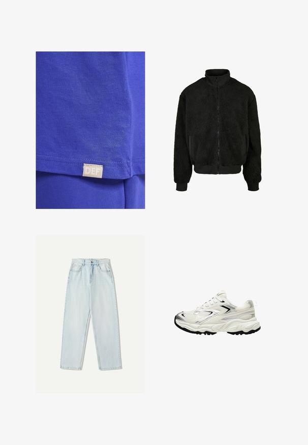 Črna flis jakna z visokim ovratnikom, zadrgo in teksturiranim, puhastim materialom. Ima rebraste manšete in stranske žepe.; Modra bombažna majica z gladko teksturo, kratkimi rokavi in pravokotno tkaninsko etiketo z besedilom "DEF" blizu roba.; Svjetloplave traperice s ležernim krojem, ravnim nogavicama, dizajnom s pet džepova i suptilnim izblijedjenjem na tkanini.; Bele superge z mrežasto zgornjico, srebrnimi poudarki, črnim podplatom in teksturiranimi paneli. Imajo vezalni dizajn in okroglo obliko nosu.