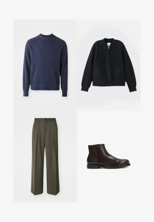 Jachetă bomber neagră, realizată dintr-un material texturat, cu fermoar frontal, mansete ribbate și două buzunare laterale. Design simplu, minimalist.; Pulover din tricot fin de culoare albastru marin, cu guler înalt, mâneci lungi și o terminație ajustată; țesătura texturată adaugă profunzime.; Filippa K WIDE TROUSERS - Pantaloni - driftwood; Botine negre din piele cu o textură netedă, vârf rotund și toc mic. Au un fermoar lateral pentru a fi ușor de purtat.