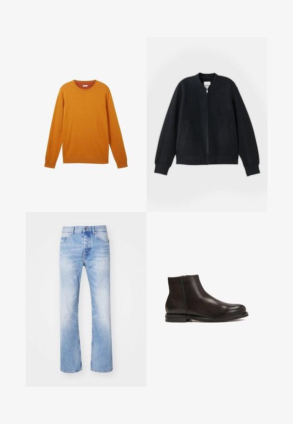 Czarna kurtka bombka wykonana z teksturowanej tkaniny, z zapięciem na zamek z przodu, ściągaczami przy mankietach oraz dwoma bocznymi kieszeniami. Prosty, minimalistyczny design.; Pomarańczowy sweter z długim rękawem, z okrągłym dekoltem, prążkowane mankiety i dół, o miękkiej teksturze oraz małym logo na klatce piersiowej. Lekki dzianinowy materiał.; Jasnoniebieskie dżinsy o prostym kroju, z klasycznym pięcioma kieszeniami i subtelnym wyblakłym wzorem.; Czarne skórzane botki za kostkę o gładkiej fakturze, zaokrąglonym nosku i niskim obcasie. Posiadają boczny zamek błyskawiczny ułatwiający zakładanie.