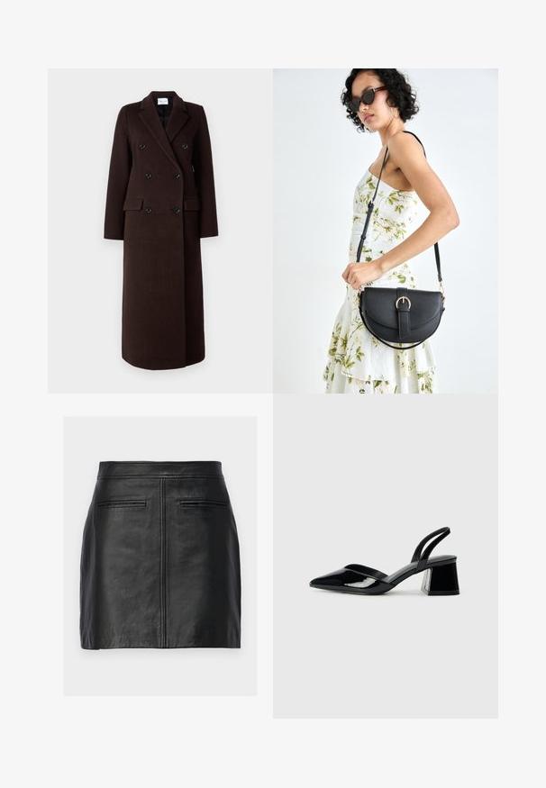 Samsøe Samsøe Klasszikus kabát - mole; Barna kötött pulóver magas bordás gallérral, széles ujjal és puha textúrával. Laza szabású, a ujjak bordás díszítéssel.; Fekete bőrszoknya, amely illeszkedő kialakítással, két hátsó zsebbel és egy középső varrással rendelkezik a hátsó részen, kiemelve a sima textúrát.; Fekete lakk bőr szandálkés magas sarkú cipő, hegyes orral és geometrikus tömbsarkakkal. Karcsú, minimalista dizájn és sima textúra jellemzi.; Fekete bőrtáska ívelt formával, levehető pánttal és arany színű fémrészekkel. A táskán egy csattal díszített fedél található.