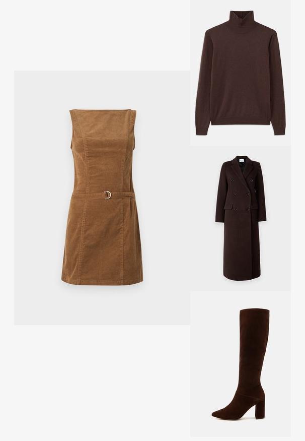 Samsøe Samsøe Palton clasic - mole; Pulover cu gât înalt de culoare maro, fabricat dintr-un material moale, cu un design ajustat și o guleră ribată. Mâncile lungi și o textură netedă fără modele.; Rochie din catifea maro cu decolteu pătrat, design fără mâneci, corset ajustat și o curea cu un detaliu din metal circular argintiu.; Botă înaltă din suede maro, cu vârf ascuțit și toc pătrat robust. Textură netedă, cu un guler ajustat și fără închideri vizibile.; Plic din piele maro cu închidere din bilă argintie și un mic detaliu cu lanț argintiu pe un fundal alb.