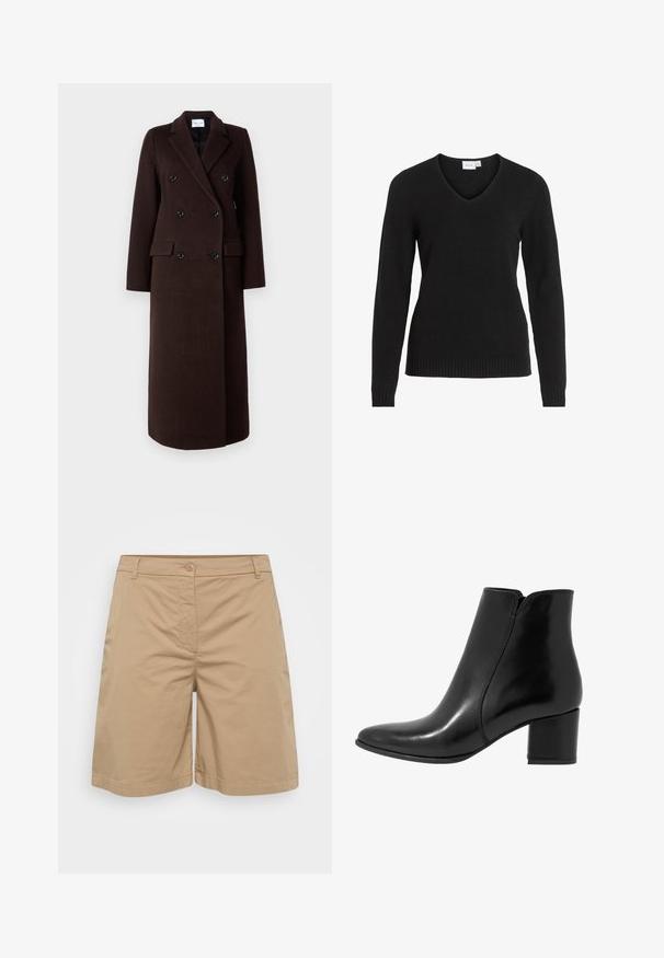 Samsøe Samsøe Classic coat - mole; Black V-neck sweater made of soft fabric, featuring long sleeves, ribbed hem and cuffs, with a simple and classic design.; Khaki shorts made from soft cotton blend fabric, featuring a straight leg design, button closure, and front pockets.; Anna Field LEATHER - Classic ankle boots - black