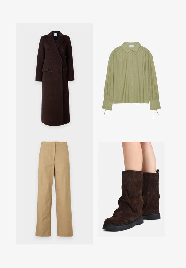 Samsøe Samsøe Klasičan kaput - mole; Svijetlozeleni košulja dugih rukava s gumbima sprijeda, ovratnikom, teksturiranim materijalom i detaljima u obliku kravate na manžetama. Dizajn ravnog donjeg ruba.; Bež hlače ravnog kroja s ravnim prednjim dijelom, bočnim džepovima i glatkom, laganom tkaninom. Nema vidljivih uzoraka ili metalnih detalja.; Smeđe nubuk čizme srednje dužine s crnim gumenim potplatima, nošene na golim nogama, s blagim naborima na okovima čizama.