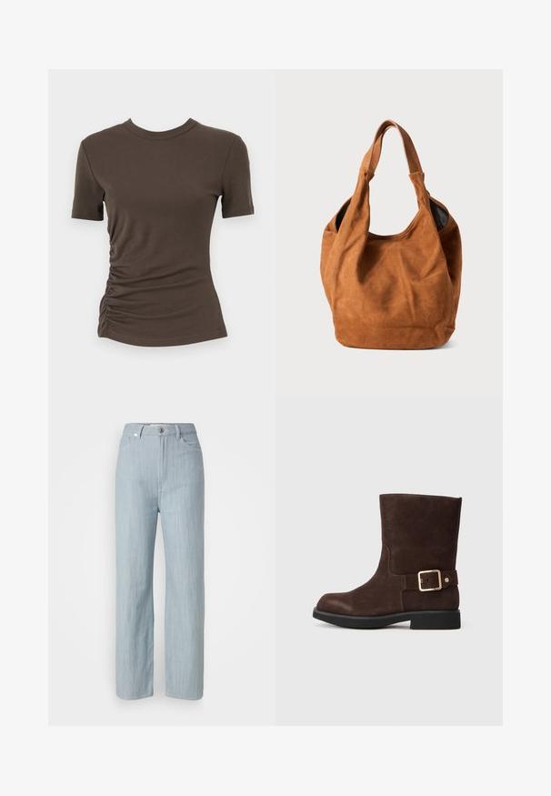 Samsøe Samsøe Klassinen takki - mole; Ruskea napakka t-paita, joka on tehty pehmeästä puuvillasta. Siinä on lyhyet hihat ja kerätty sivuosa, mikä luo tekstuuria. Pyöreä pääntie.; Vaaleansiniset suorat farkut, jotka on valmistettu denimistä. Sisältää viisi taskua, metallinappikiinnityksen ja hienovaraisen kulutustekstuurin.; Ruske nubuk ankle boot s zaobljenim vrhom, ravnim crnim đonom i zlatnom kopčom s bočne strane. Glatka tekstura i jednostavan dizajn.; Ruske nubukikuorinen olkalaukku, jossa on pehmeä pinta, kaareva muoto ja kaksi kahvaa. Ominaisuutena on minimalistinen muotoilu ilman näkyvää metalliosia tai koristeita.