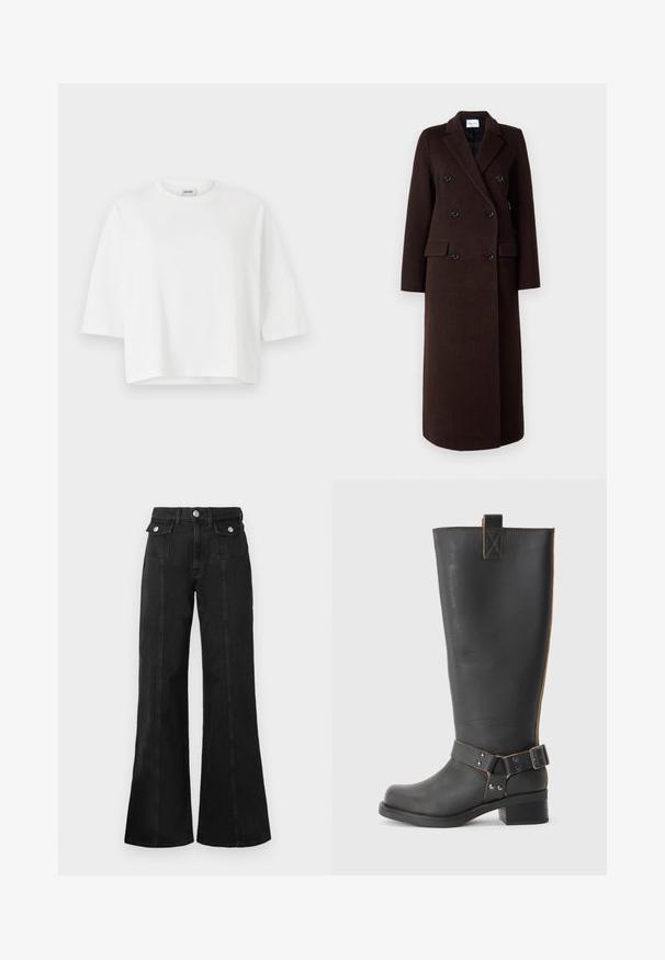 Samsøe Samsøe Klassisk frakke - mole; Hvid crop-top t-shirt med rund halsudskæring og korte ærmer, lavet af blødt bomuldsstof. Enkel design, ingen mønstre eller dekorationer.; Sorte denim flared jeans med høj talje, der har to frontlommer, hardware i sølv-tone og synlige sømdetaljer foran.; Sorte læderknæhøje støvler med en tekstureret overflade, der har en sidebuckle-detalje og en lav hæl. Særligt detaljeret syninger langs sømmene.