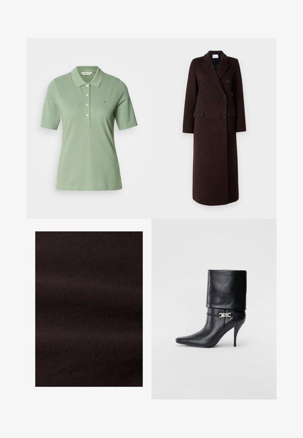 Samsøe Samsøe Cappotto classico - mole; Polo verde in cotone con una vestibilità slim, colletto polo, maniche corte e un piccolo logo ricamato sul petto.; Tessuto marrone scuro con una texture liscia e un sottile motivo a diagonale, che presenta un colore uniforme e una finitura pulita.; Stivale ankle in pelle nera con punta affusolata, alto tacco a stiletto, risvolto sulla caviglia e un elegante dettaglio in oro con fibbia decorativa.