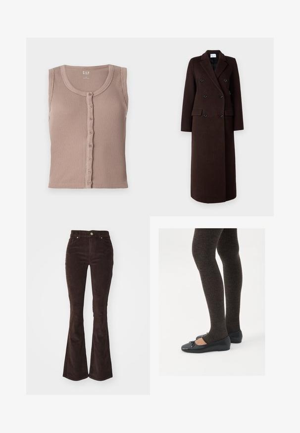 Samsøe Samsøe Classic coat - mole; Brown ribbed tank top with a round neckline and button front, featuring horizontal textured stripes and no sleeves. Made from soft fabric.; Vero Moda VMFLASH FLARED PANTS - Trousers - chocolate torte; Black flat shoes with a small bow detail at the toe, paired with dark brown ribbed tights. Shoes have a smooth texture and low profile.