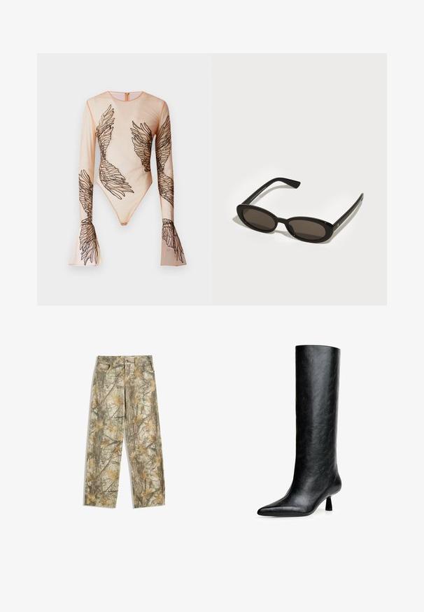 Bruine faux leren jas met een grote kraag, rits sluiting, twee zijzakken en contrasterende stiksels.; Doorzichtig bodysuit met lange mouwen in nude, voorzien van geborduurde zwarte vleugelontwerpen op de mouwen en het torso, met een rits aan de achterkant.; Camouflagebroek met een meerkleurig groen en bruin bladerenpatroon, voorzien van een standaard vijf-pocket ontwerp en een losse pasvorm.; Zwarte kniehoge laars gemaakt van gestructureerd leer. Heeft een spitse neus en een kleine, vloeiende hak. Strakke, gladde vormgeving met minimale accenten.; Zwarte zonnebril met ovale, semi-randloze lenzen. Glanzende montuur en slanke armen. Donkergetinte lenzen met minimale hardwaredetails.; Geel gewatteerde jas met hoge kraag en voorzak, gecombineerd met een zwarte schoudertas met gouden hardware. Casual denim broek.