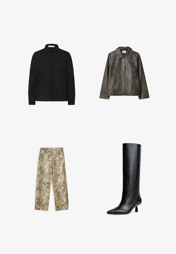 Brun imitation läderjacka med stor krage, dragkedjestängning, två sidfickor och kontrasterande sömnadsdetaljer.; Svart knapp-up skjorta i strukturerad tyg med rutmönster, med krage och långa ärmar, samt matchande knappar fram.; Svart långärmad topp i ett mjukt, texturerat tyg. Har en rundad halsringning och en figurnära design, utan synliga mönster eller accenter.; Kamouflagebyxor med ett flerfärgat mönster i gröna och bruna nyanser som liknar löv, med en standard femfickorsdesign och en lös passform.; Svart knähög stövel tillverkad av texturerat läder. Har en spetsig tå och en liten, utsvängd klack. Snygg, slät design med minimala detaljer.