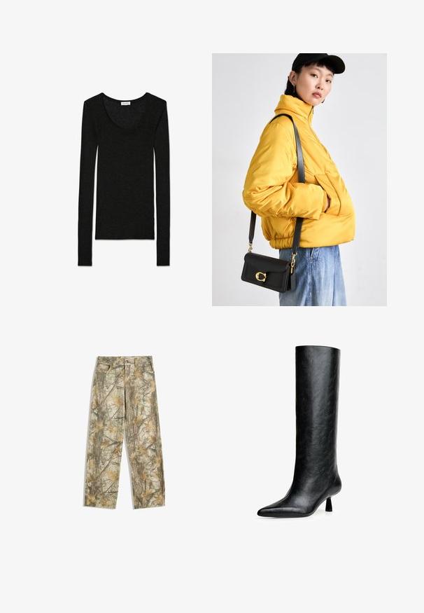 Brown faux leather jacket with a large collar, zip closure, two side pockets, and contrasting stitching details.; Black long-sleeve top made from a soft, textured fabric. Features a scoop neckline and fitted design, with no visible patterns or accents.; Camouflage pants with a multi-toned green and brown leafy pattern, featuring a standard five-pocket design and a loose fit.; Black knee-high boot made from textured leather. Features a pointed toe and a small, flared heel. Sleek, smooth design with minimal accents.; Yellow padded jacket with high collar and front pocket, paired with a black crossbody bag featuring gold hardware. Casual denim bottoms.