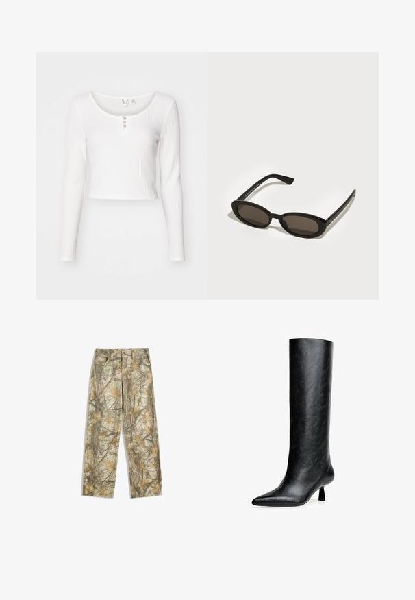 Brun faux leather takki, jossa on suuri kaulus, vetskari, kaksi sivutaskua ja kontrastiväriset ompeluyksityiskohdat.; Valkoinen pitkähihaisen cropped-toppin, jossa on teksturoitu kangas, pyöreä kaula-aukko ja kolme nappia edessä.; Takit vaatteet, joissa on monivärinen vihreä ja ruskea lehtikuosi, jossa on vakioviisi-taskuinen muotoilu ja löysä istuvuus.; Musta polvenkorkuinen saapas, joka on valmistettu teksturoidusta nahasta. Varustettu teräväkärkisellä muotilla ja pienellä levenevällä korolla. Suora, sileä muotoilu, jossa on minimaalinen koristelu.; Mustat aurinkolasit, joissa on ovaalit, puolivartiset linssit. Kiiltävät kehykset ja suorat varret. Tummennetut linssit, joissa on minimaalinen varustelu.; Keltainen pehmustettu takki korkean kauluksen ja etutaskun kanssa, yhdistettynä mustaan olkalaukkuun, jossa on kultaiset yksityiskohdat. Rentouttavat farkut.