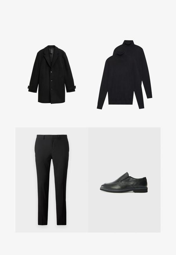 Črn plašč iz volnene mešanice z izrezanimi reverji, enojno zapenjanje, tremi sprednjimi gumbi, dvema stranskima žepoma in nastavljivimi manšetami.; Dva črna dolgi rokavi puloverja s turtleneck ovratnikom, enostavna pletenina, zložen eden nekoliko za drugim na belem ozadju.; Prilagojene črne hlače v gladkem materialu. Imajo ravno krojenost, sprednje klešče in zanke za pas za prilagodljivo velikost.; Črne usnjene natikače z gladkim zgornjim delom, prišitimi detajli, zaobljenim nosom in nizkim gumijastim petkom. Podplat ima minimalen profil.