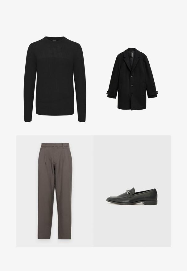 Fekete gyapjú keverék kabát, kiképzett hajtókákkal, egysoros fazonnal, három elülső gombbal, két oldalsó zsebbel és állítható mandzsettákkal.; Fekete kötött pulóver kerek nyakkal, textúrált felső résszel és bordázott mandzsettával, valamint aljjal. Puha, meleg anyagból készült.; Jack & Jones JPSTBILL JJDAYTONA WIDE - Nadrágok - pavement; Fekete bőr loaferek sima felülettel, varrott mintával és díszítő fém lánccal a cipő elején. Lapos sarok.