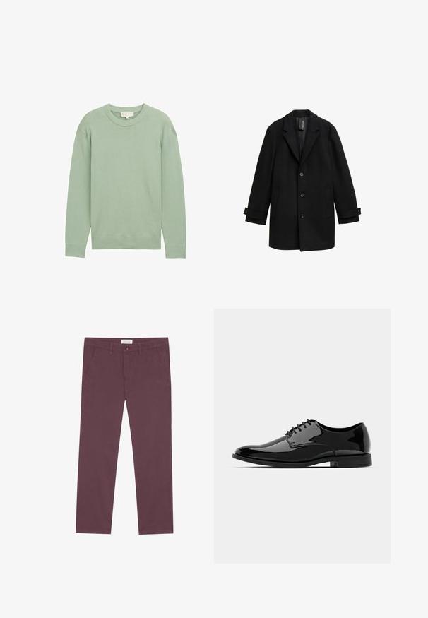 Črn plašč iz volnene mešanice z izrezanimi reverji, enojno zapenjanje, tremi sprednjimi gumbi, dvema stranskima žepoma in nastavljivimi manšetami.; Svetlo zelena dolgotrajna majica s dolgimi rokavi, okroglo izrezana ter z rebrastimi manšetami in robom, predstavljena na enobarvni podlagi.; Bordo bombažne hlače s ravnim krojem, ki imajo dva stranska žepa in sprednje zapiranje na gumb. Gladka tekstura in brez vidnih vzorcev.; Črne lakirane usnjene čevlje z zaobljenim nosom, vezanjem in gladko, sijočo površino. Imajo nizko profilirano gumijasto podplat.