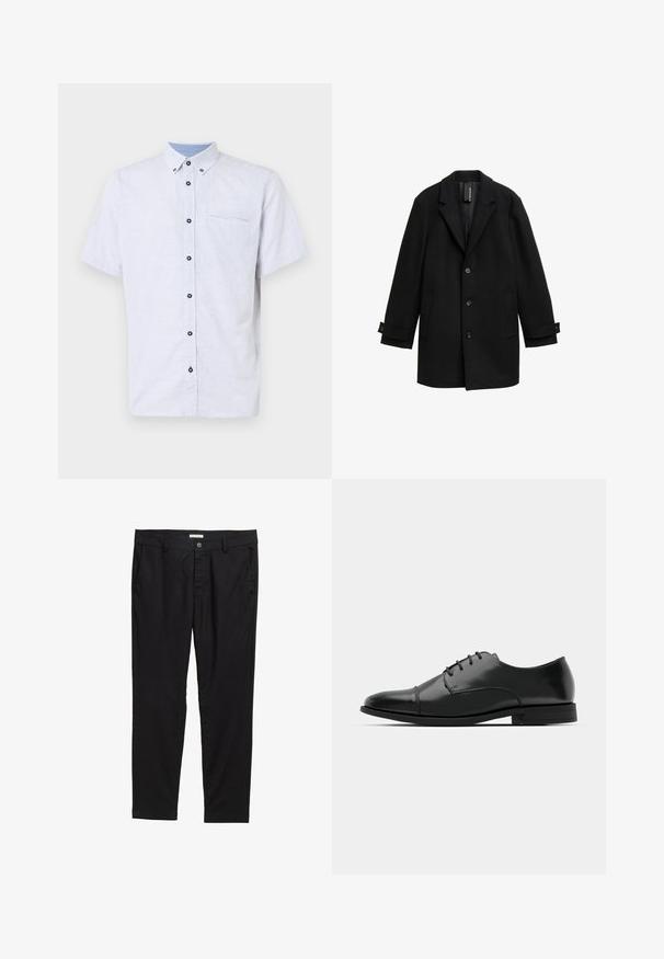 Melna vilnas maisījuma mētelis ar izgrieztiem klājiem, vienas rindas pogām, trīs priekšējām pogām, divām sānu kabatām un regulējamiem aprocēm.; Baltās krāsas, īso piedurkņu pogājamas krekls ar tumši zilu ģeometrisku rakstu, kontrastējošu apkakli un vienu krūšu kabatu ar melnām pogām.; Melnas bikses, kas izgatavotas no gludas auduma, ar pogu aizdari, diviem priekšējiem kabatām un pielāgotu piegriezumu.; Melnas ādas vadmalas kurpes ar noapaļotu purngalu, saistījuma dizains, smalkas izšuvumu detaļas un zema papēža. Gluda tekstūra ar spīdīgu apdari.