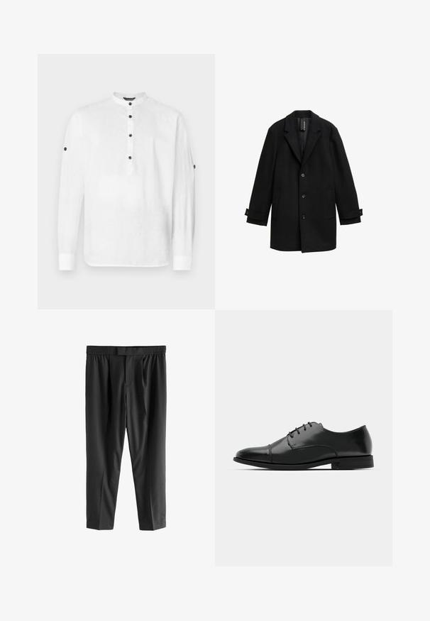 Črn plašč iz volnene mešanice z izrezanimi reverji, enojno zapenjanje, tremi sprednjimi gumbi, dvema stranskima žepoma in nastavljivimi manšetami.; Bela lanena srajca z ovratnikom, dolgimi rokavi in črnimi gumbi na sprednji strani ter manšetah. Ima sproščen kroj.; Next REGULAR FIT -CHECK SMART - Hlače chino - black; Črne usnjene moške čevlje z zaobljenim nosom, s sistemom vezalk, diskretnimi šivi in nizkih petah. Gladka tekstura s sijočim zaključkom.