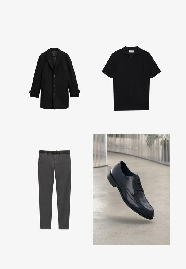 Black wool-blend coat with notched lapels, single-breasted design, three front buttons, two side pockets, and adjustable cuffs.; Black short-sleeve polo shirt with a textured, ribbed fabric, featuring a v-neckline and a straight hem. No visible logos or patterns.; Gray trousers made of woven fabric, featuring a straight cut, side pockets, and a black leather belt with a silver buckle.; Glossy black leather dress shoe with laces, floating above a smooth, light gray floor and vertical metallic bars in the background.