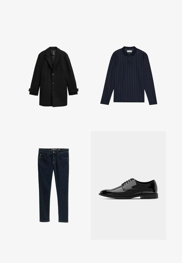 Fekete gyapjú keverék kabát, kiképzett hajtókákkal, egysoros fazonnal, három elülső gombbal, két oldalsó zsebbel és állítható mandzsettákkal.; Sötétkék, hosszú ujjú pólóing, álló gallérral, vékony függőleges csíkokkal és három gombos záródással. Puha textúrájú anyag.; Sötétkék, karcsú fazonú farmernadrág öt zsebbel, gombos záródással és finom koptatással az elején.; Fekete lakkbőr félcipő lekerekített orral, fűzős kialakítással és sima, fényes felülettel. Alacsony profilmagasságú gumitalppal rendelkezik.