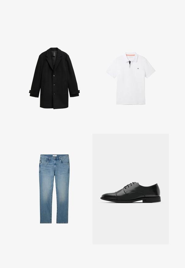 Juodas vilnos mišinio paltas su įpjovomis atvartais, vieno mygtuko dizainu, trimis priekiniais mygtukais, dviem šoniniais kišenėmis ir reguliuojamais rankogaliais.; Balta polo marškinėliai su juodu apykakle ir oranžinėmis detalėmis, trumpomis rankovėmis ir maža logotipu ant krūtinės. Pagaminti iš kvėpuojančios medvilnės mišinio.; Mėlynos džinsinės kelnės su tiesaus kirpimo dizainu, turinčios penkis kišenes ir nusidėvėjusį paviršių. Medžiaga turi lygią tekstūrą ir šiek tiek elastinga.; Juodas odinis džinsinis batų modelis su apvaliu galiuku, raišteliu ir subtiliomis siūlėmis, taip pat žemu kulnu. Lygus pavirčius su blizgiu apdaila.