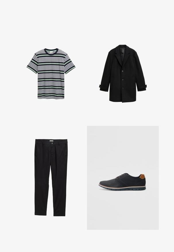 Čierny kabát z vlnenej zmesi s klopovými goliermi, jednoradovým zapínaním, tromi prednými gombíkmi, dvoma bočnými vreckami a nastaviteľnými manžetami.; Pruhované tričko v námorníckej, bielej a zelenej farbe. Má okrúhly výstrih, krátke rukávy a rôzne horizontálne pruhy po celej látke.; Čierne nohavice z hladkej tkaniny, s gombíkovým zapínaním, dvoma prednými vreckami a pritom prispôsobeným strihom.; Čierne syntetické topánky so štruktúrovaným zvrškom, hladkými akcentmi, hnedým opätkom a kontrastnou podrážkou. Majú minimálne šnurovanie a detaily prešitia.