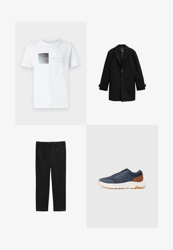 Palton din amestec de lână neagră, cu revere decupate, design cu un singur rând de nasturi, trei nasturi frontali, două buzunare laterale și mansete ajustabile.; Tricou alb din bumbac cu mânecă scurtă, având un design grafic negru și gri, cu text. Decolteu tip crew, croială relaxată, textură fină.; Pantaloni negri cu croială dreaptă, realizați dintr-un material texturat. Prezintă două buzunare frontale și închidere cu nasture la talie.; Adidași de culoare albastru închis, cu un accent maro pe toc, superior din plasă texturată, guler căptușit și talpă din cauciuc albă cu un model pe tread.