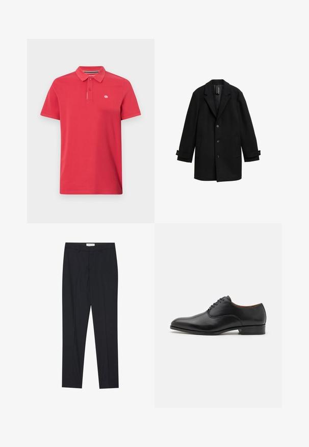 Juodas vilnos mišinio paltas su įpjovomis atvartais, vieno mygtuko dizainu, trimis priekiniais mygtukais, dviem šoniniais kišenėmis ir reguliuojamais rankogaliais.; Raudonas polo marškinėlis, pagamintas iš medvilnės, su klasikiniais apykaklėmis, trijų mygtukų užsegimu ir mažu logotipu, išsiuvinėtu kairėje krūtinės pusėje. Trumpomis rankovėmis.; Juodos pritaikytos kelnės su lygia priekine dalimi, standartinio kirpimo, pagamintos iš lygios medžiagos, su prispaustomis raukinėmis ir šoninėmis kišenėmis.; Juodai odiniai suknelės batai su lygiu paviršiumi, smailiu pirštu ir šešių akių raištelių dizainu, turintys žemą kulną ir subtilių siuvinėjimų akcentus.