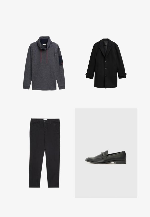 Czarny płaszcz z wełny z dodatkiem innych włókien, z wykrojem na klapach, jednorzędowy, z trzema guzikami z przodu, dwoma bocznymi kieszeniami i regulowanymi mankietami.; Szary długi sweter z wysokim dekoltem, sznurkami i granatową łatą na lewym rękawie z czerwonym napisem. Wykonany z miękkiego, teksturowanego materiału.; Czarnie bawełniane spodnie o dopasowanym kroju, z dwoma bocznymi kieszeniami i zapięciem na guzik z przodu. Teksturowana tkanina z subtelnymi detalami.; Czarne skórzane mokasyny o gładkim wykończeniu, z haftowanym wzorem i dekoracyjnym akcentem z metalowego łańcucha na wierzchu. Płaska pięta.