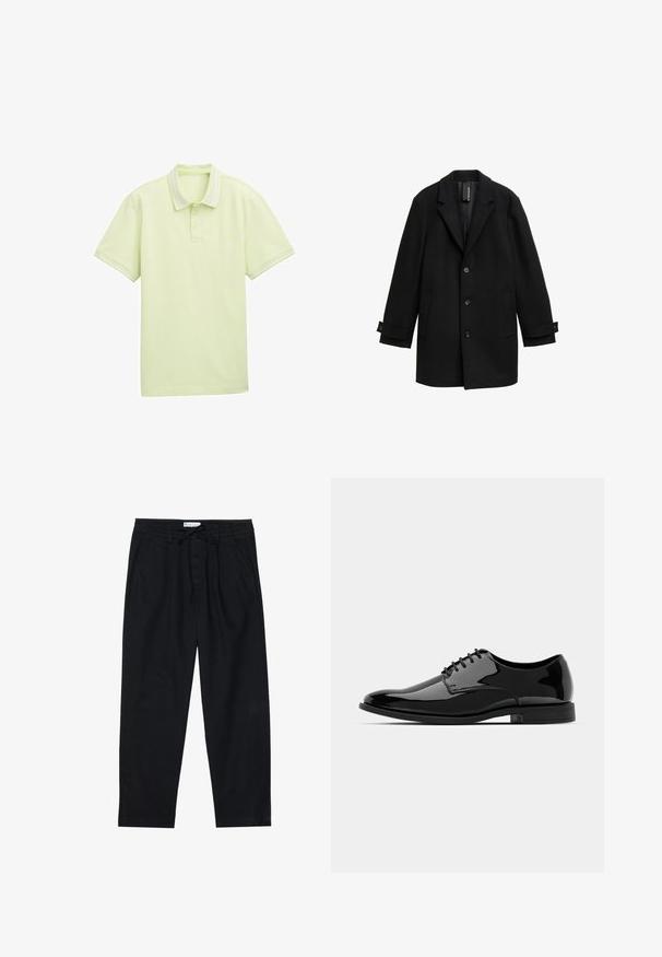 Fekete gyapjú keverék kabát, kiképzett hajtókákkal, egysoros fazonnal, három elülső gombbal, két oldalsó zsebbel és állítható mandzsettákkal.; Világos zöld póló, rövid ujjú, puha anyagból, két gombos gallér, fehér csíkozással a galléron és az ujjvégeken. Egyszerű felirat elöl.; Pier One Vászonnadrágok - black; Fekete lakkbőr félcipő lekerekített orral, fűzős kialakítással és sima, fényes felülettel. Alacsony profilmagasságú gumitalppal rendelkezik.