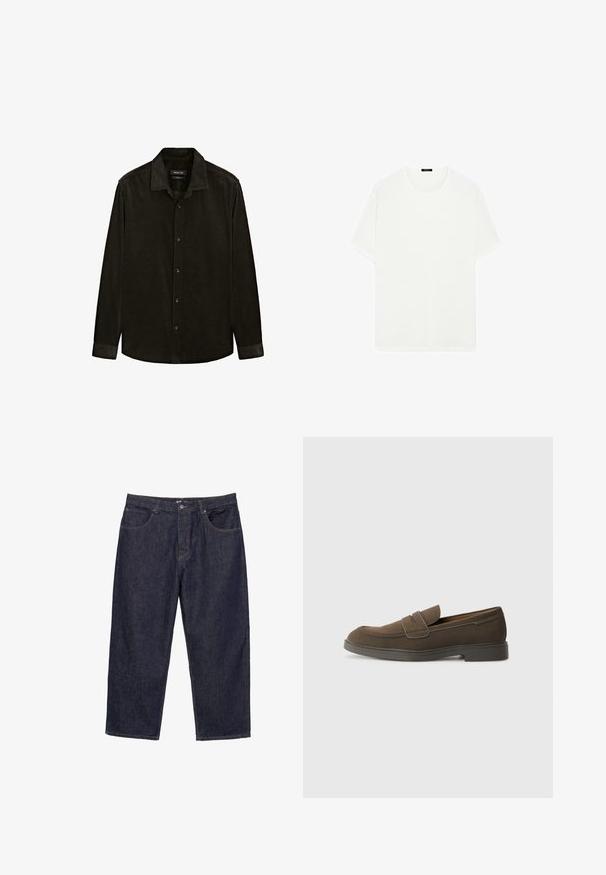 Černá kordurová košile s dlouhým rukávem, špičatým límcem, předním zapínáním na knoflíky a tónovými stehy. Texturovaná tkanina s žebrovaným vzorem.; Bílý tričko s krátkým rukávem vyrobené z měkké tkaniny. Má klasický kulatý výstřih a rovný střih, bez viditelných vzorů nebo akcentů.; Tmavě modré džíny s rovnými nohavicemi, s předním zapínáním na knoflík a zip, a pěti kapsami, vystavené na bílém pozadí.; Hnědé semišové loafer boty s kulatou špičkou, páskem přes nárt a plochou gumovou podrážkou. Jednoduchý design s čistými liniemi a minimálním zdobením.