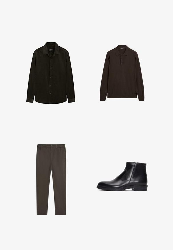 Czarna koszula z długim rękawem z korduroju z ostrym kołnierzykiem, zamek na guziki z przodu i tonowanym przeszyciem. Teksturowana tkanina z prążkowanym wzorem.; Ciemnobrązowa koszulka polo z długim rękawem, z trzema guzikami i klasycznym kołnierzykiem, zaprezentowana na białym tle.; Ciemnobrązowe spodnie o prostych nogawkach, z elastycznym paskiem w talii, przednim zapięciem na guziki i bocznymi kieszeniami. Gładka tekstura tkaniny.; Derimod - Botki