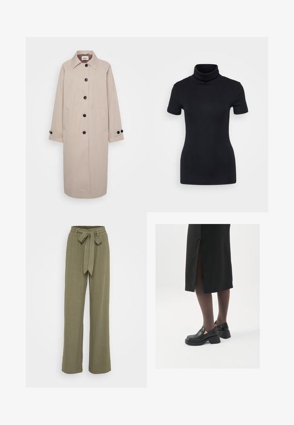 Bežični trench kaput s ovratnikom, crnim gumbima, dva bočna džepa i zavrnutim manžetama. Napravljen od lagane tkanine s glatkom teksturom.; Crna rebrasta majica s visokim ovratnikom, kratki rukavi, oblikovani kroj, mekana tekstura, minimalni šavovi.; Maslinzaste hlače širokih nogavica u maslinasto zelenoj boji s remenom u struku, izrađene od teksturirane tkanine, s glatkom završnom obradom i krojem prilagođenim tijelu.; Crne kožne cipele s zaobljenim vrhom, debelim blok petama i elastičnim bočnim detaljima, uparene s tamnim čarapama i crnom suknjom s prorezom.