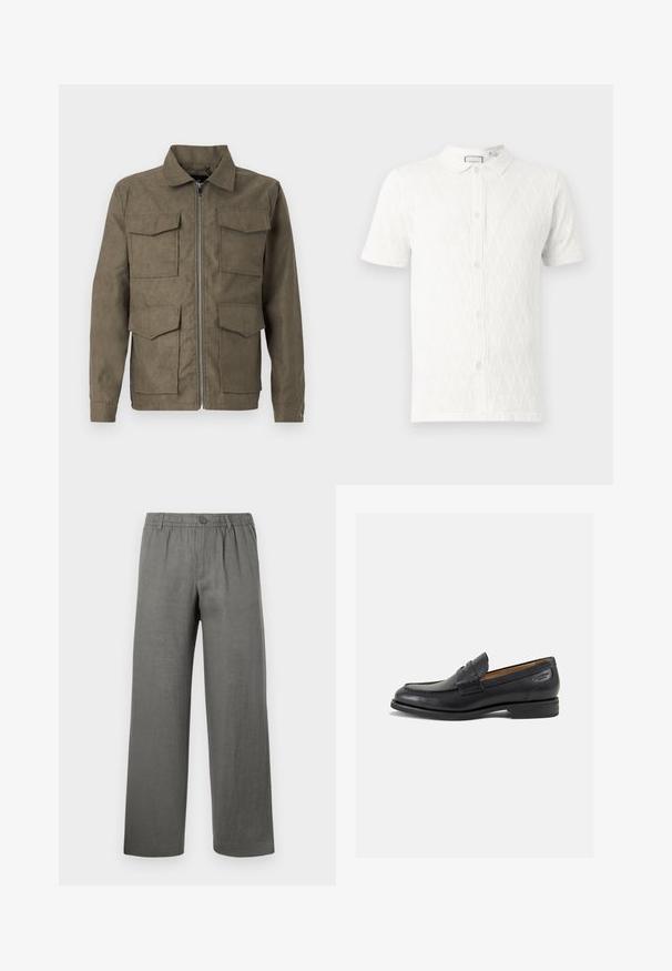Olijfgroene jack van zachte stof met ritssluiting, voorzien van vier voorzakken en een klassieke kraag. Gladde textuur, rechte snit.; Witte polo met korte mouwen, voorzien van een gestructureerd ruitpatroon, gebreide stof en knoopsluiting aan de voorkant.; Grijze linnen broek met een relaxte pasvorm, elastische tailleband, knoopsluiting en rechte benen. Soepele textuur, minimalistisch ontwerp.; Zwarte leren loafers met een gladde afwerking, ronde neus en decoratieve stiksels op de wreef. Lage gestapelde hak en een lichte glans.
