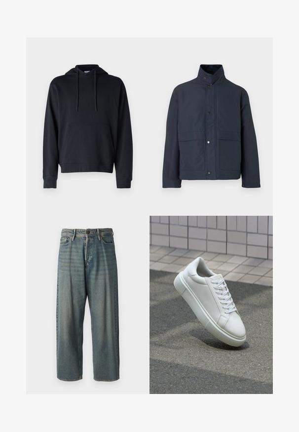 Námornícky modrá nepremokavá bunda s vysokým golierom, cvokovými gombíkmi a dvoma prednými vreckami. Vyrobená z odolného materiálu s hladkou textúrou.; Čierna mikina s kapucňou vyrobená z bavlnenej zmesi, s klokankovým vreckom, nastaviteľnými šnúrkami a rebrovanými manžetami a spodným lemom. Jednoduchý dizajn.; Svetlomodré denimové nohavice so voľným strihom, stredne vysokým pásom a rovnými nohavicami. Obsahujú päť vreciek, pútka na opasok a zapínanie na gombík.; Biele kožené tenisky s hladkým povrchom, okrúhlym špičkou a plochými bielymi šnúrkami. Obsahuje štruktúrovanú gumovú podrážku a minimalistický dizajn.