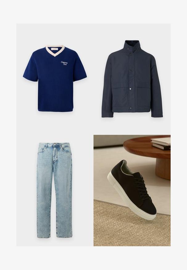 Tengerészkék vízálló dzseki magas gallérral, patent gombokkal és két elülső zsebbel. Tartós anyagból készült, sima textúrával.; Tengerészkék, rövid ujjú kötött póló krém színű V-nyakú díszítéssel és "Originals Club" hímzéssel a bal mellen.; Világoskék, egyenes szárú farmernadrág gombos és cipzáros záródással, elülső zsebekkel és finom fakulási részletekkel.; Fekete sneakers fehér talppal lebeg egy bézs textúrájú szőnyeg felett, egy kerek fából készült asztal közelében, rajta egymásra pakolt könyvekkel.