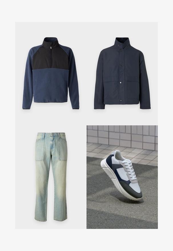 Giacca impermeabile blu navy con colletto alto, bottoni a pressione e due tasche frontali. Realizzata in tessuto resistente con una superficie liscia.; Jack & Jones JCOPEAK HIGH NECK HALF ZIP - Felpa in pile - navy blazer; Jeans in denim azzurro chiaro con taglio dritto, cuciture visibili e due ampie tasche frontali. Il tessuto ha una texture sbiadita.; Sneaker bianca, blu navy e grigia con un design a materiali misti, caratterizzata da una tomaia testurizzata, lacci piatti e una suola imbottita.