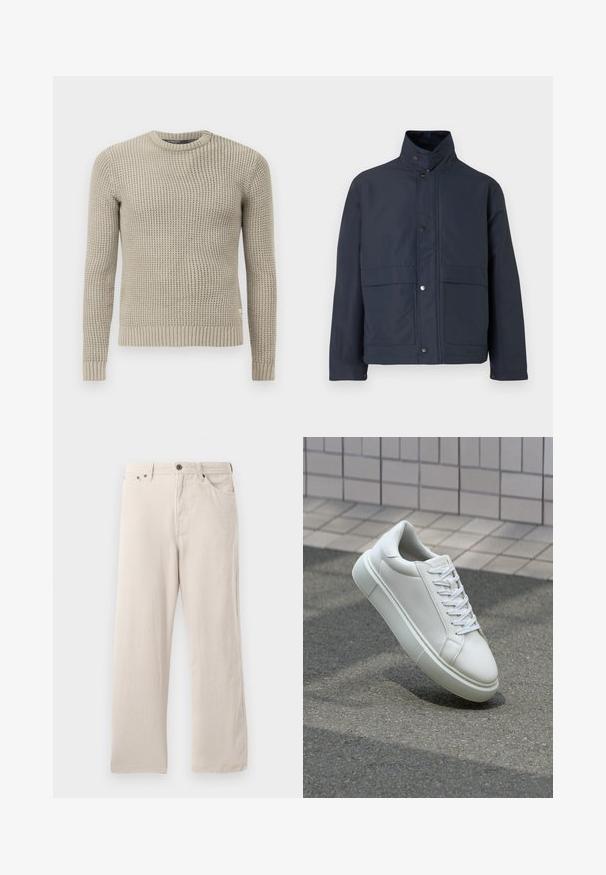 Casaco impermeável azul marinho com um colarinho alto, botões de pressão e dois bolsos frontais. Feito de um tecido durável com uma textura suave.; Suéter bege tricotado com mangas longas, punhos e bainha canelados, gola redonda, padrão texturizado, feito de material macio.; Calças de veludo cotelê bege com um corte reto, apresentando uma textura ribada, design de cinco bolsos e fecho de botão.; Tênis de couro branco com superfície lisa, bico redondo e cadarços brancos planos. Apresenta uma sola de borracha texturizada e elementos de design minimalistas.